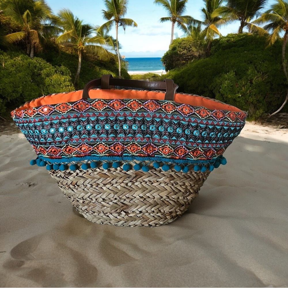 💖 Sun N Sand Blue Orange Boho Straw Tote 💖